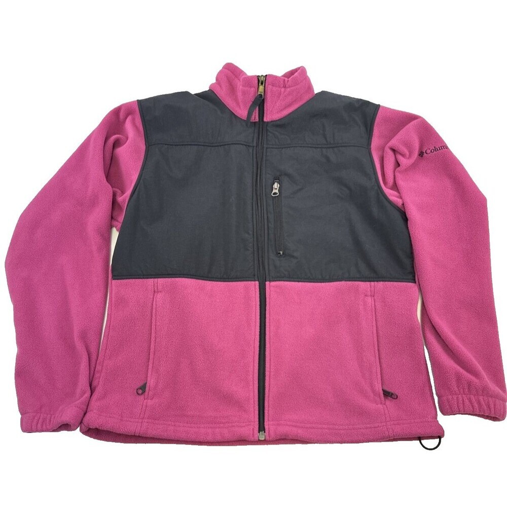 Columbia Fleece Jacket Full Zip Nylon Pink Black Pockets Drawstring Women Medium